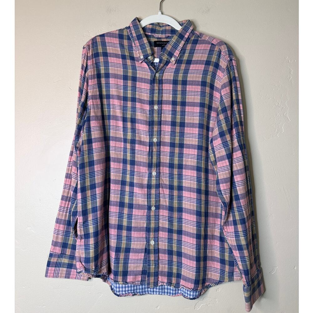Men's Banana Republic F Slim Fit Pink Blue Plaid Button Up LARGE